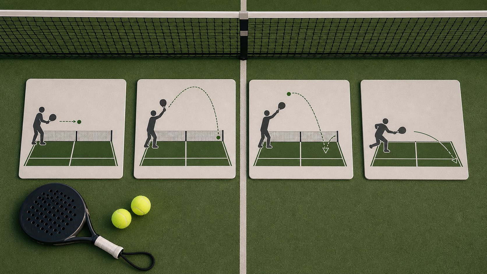 Basic padel shots featured image with blank drill tiles and court markers