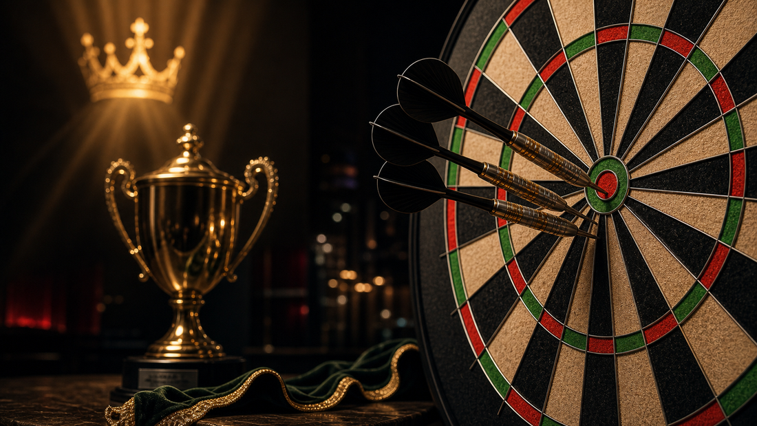 Best darts player of all time featured image with trophy and dartboard