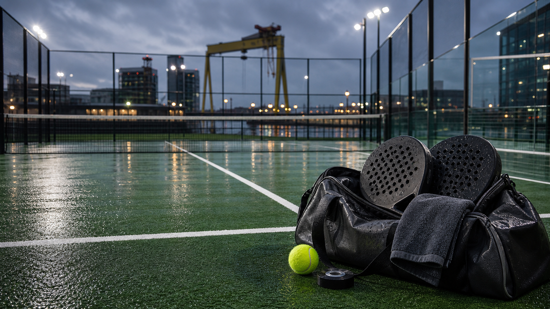 Best padel clubs in Belfast featured image with floodlit court and training kit