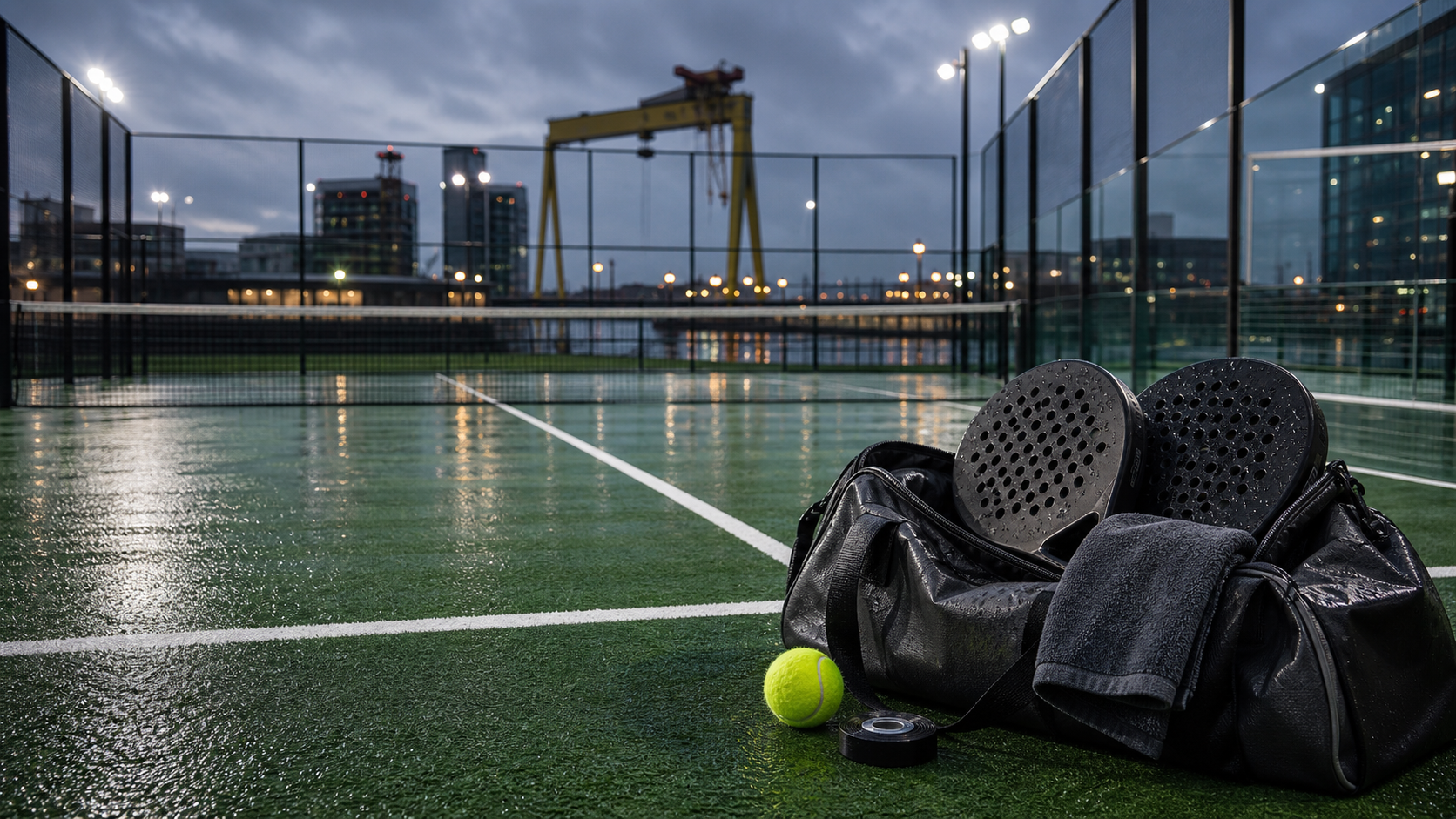 Best padel clubs in Belfast featured image with floodlit court and training kit