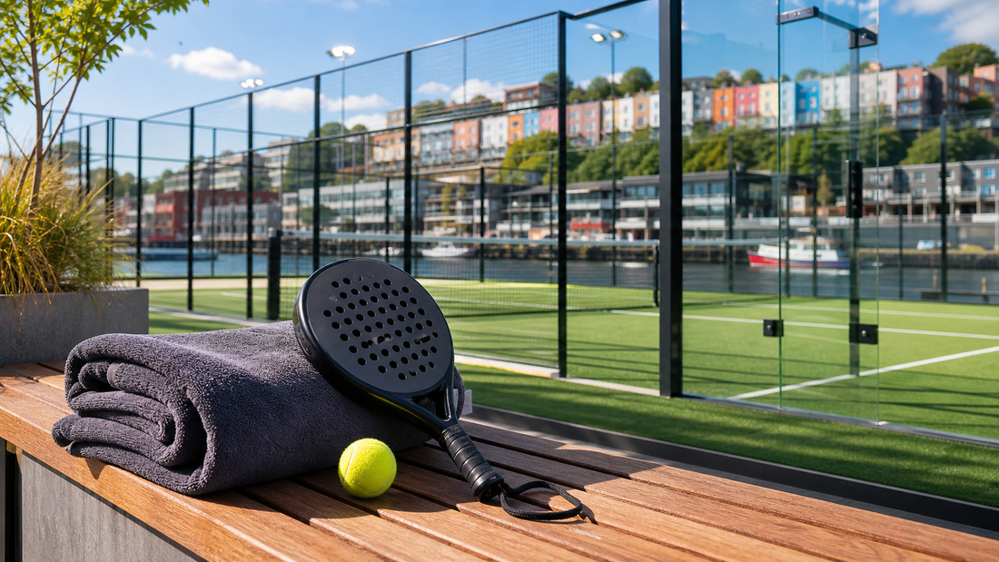Best padel clubs in Bristol featured image with harbourside court bench and padel kit