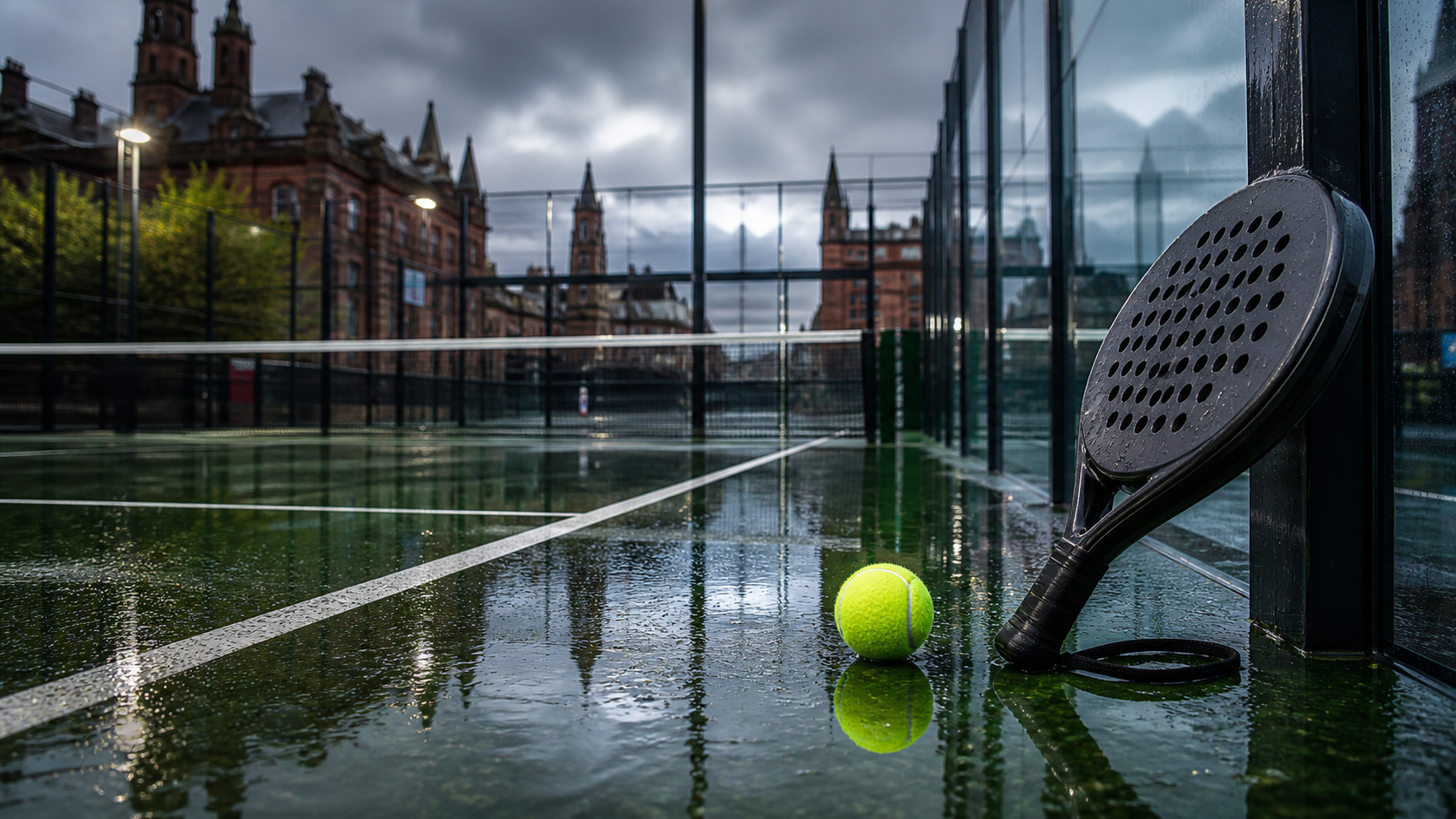 Best padel clubs in Glasgow featured image with rainy court reflection and padel racket