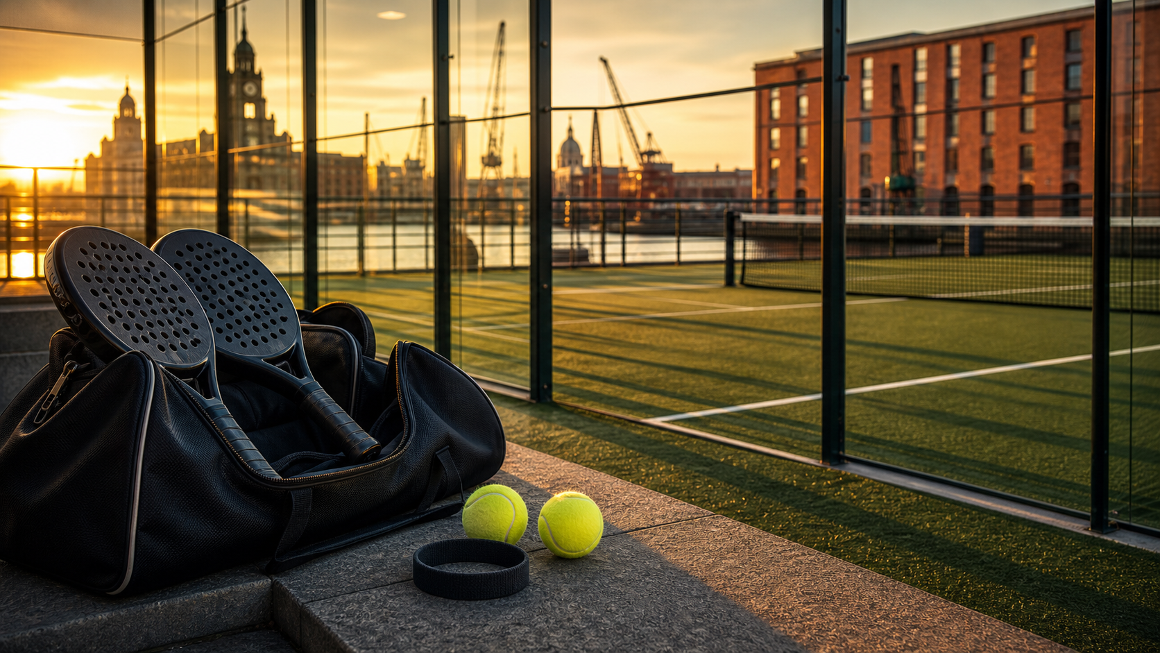 Best padel clubs in Liverpool featured image with dockside court and racket bag