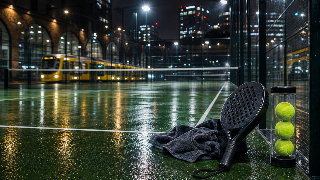Best padel clubs in Manchester featured image with rainy night court lights