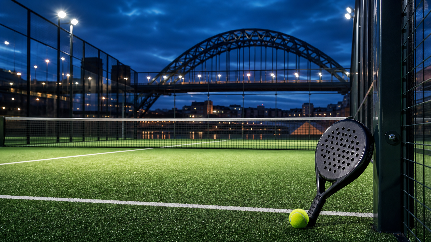 Best padel clubs in Newcastle featured image with evening riverside padel court