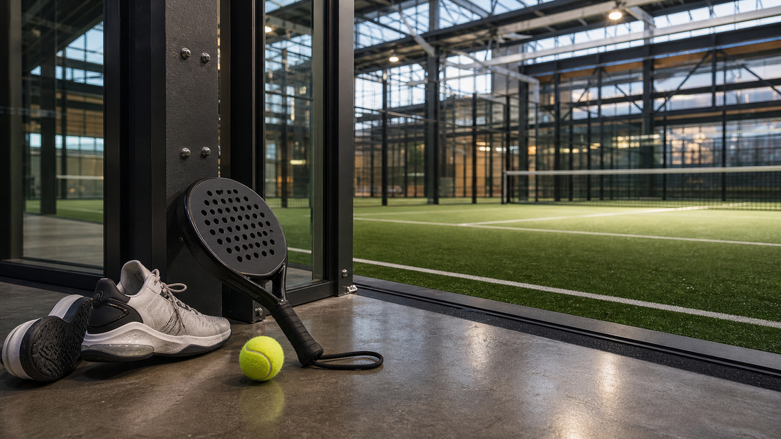 Best padel clubs in Sheffield featured image with indoor club entrance and padel kit