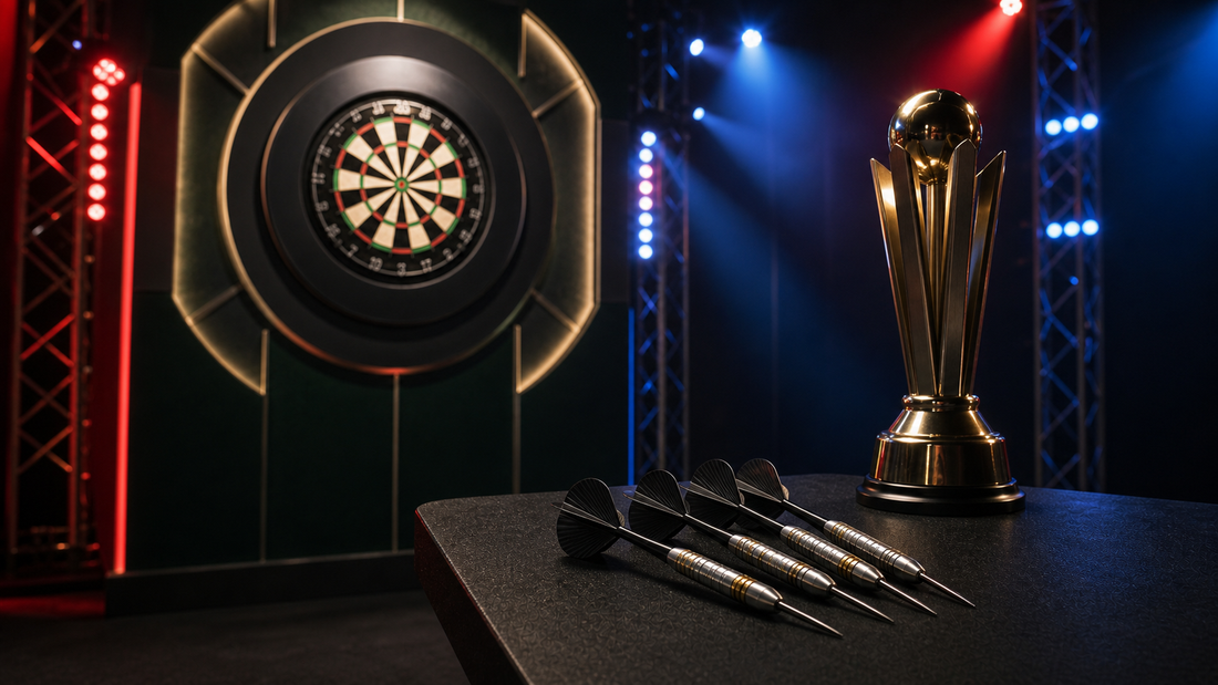 Biggest darts competition in the UK featured image with tournament stage and trophy