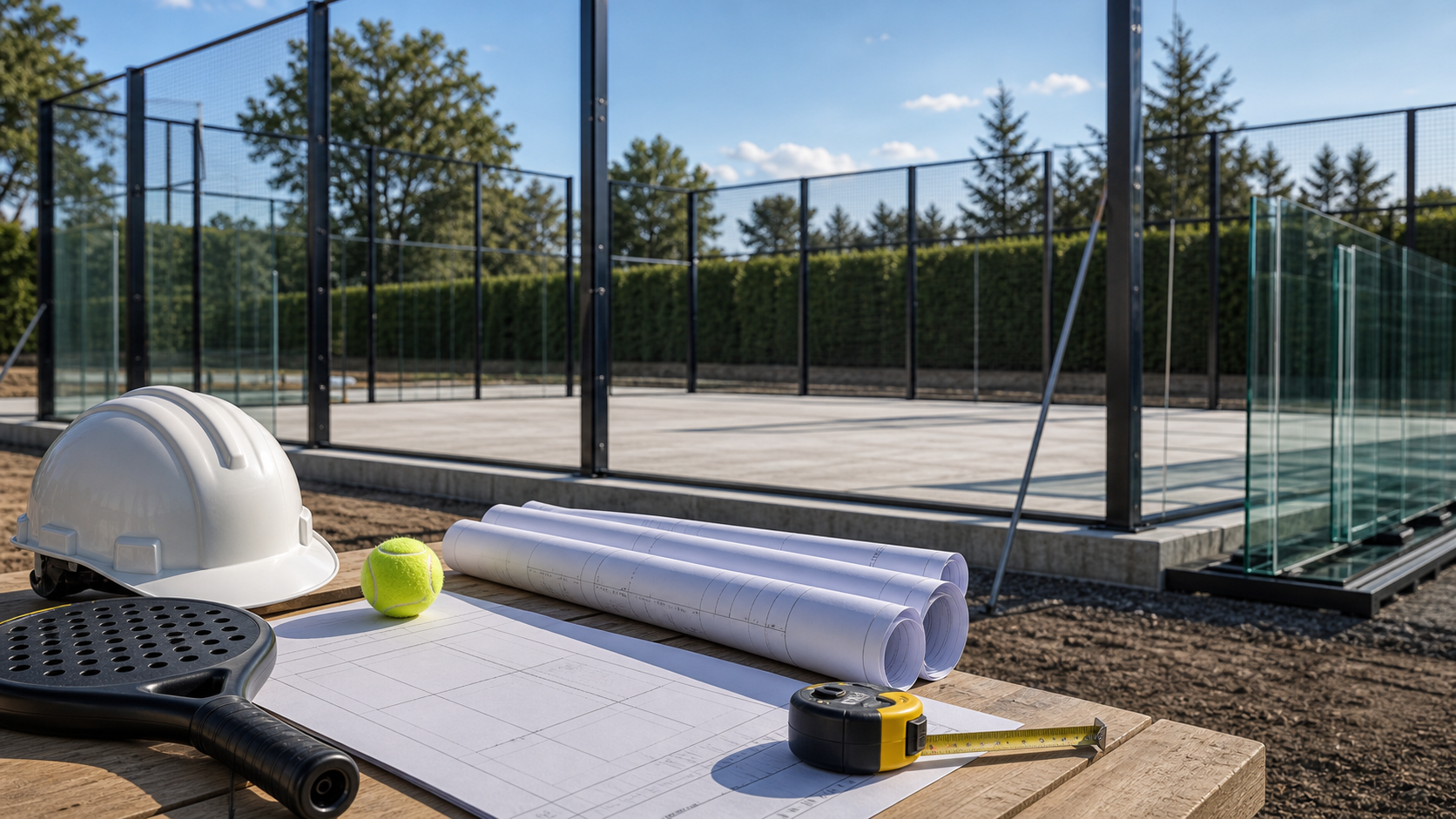 Building a padel court featured image with construction plans and court structure