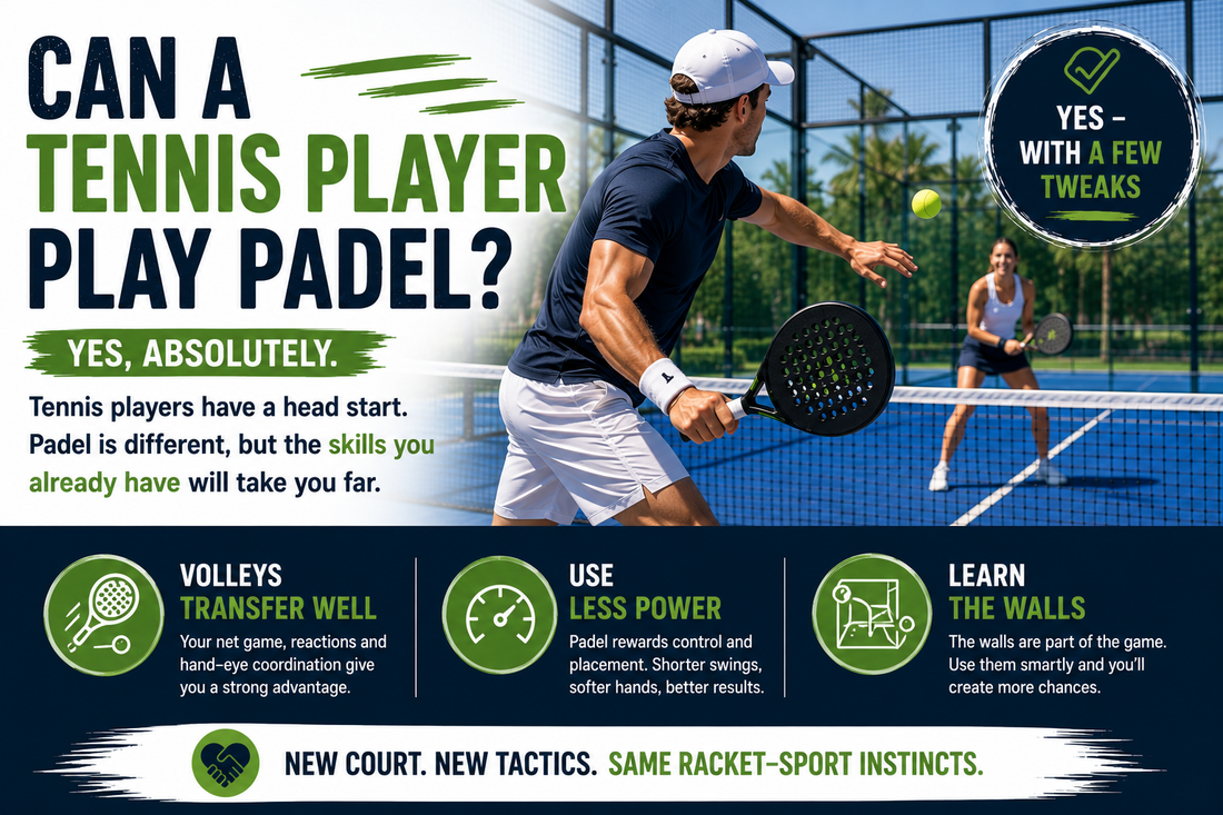 Tennis player on a padel court with text explaining that tennis skills transfer well, but players should use less power and learn the walls.