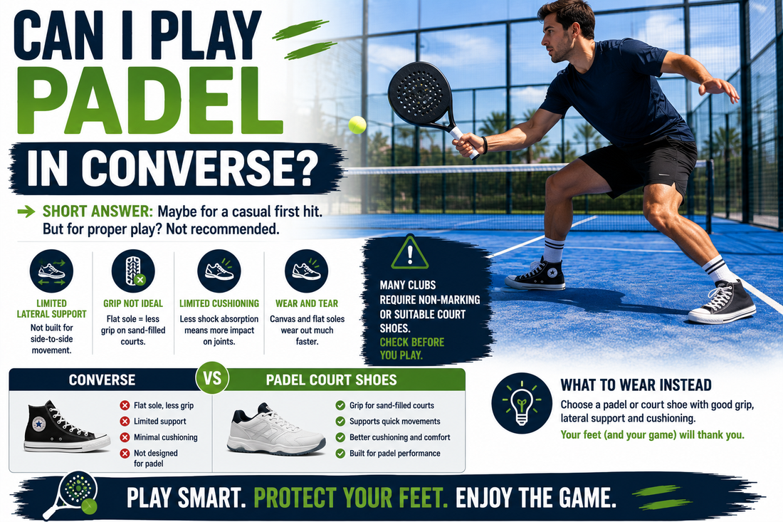 Padel player wearing canvas trainers on court with text explaining that Converse may be fine for a casual first hit but are not recommended for proper padel.