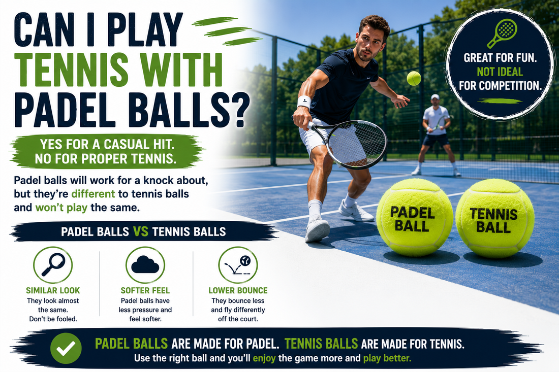 Tennis player with padel and tennis balls, explaining that padel balls are fine for a casual hit but not ideal for proper tennis.