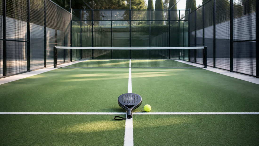 Singles padel featured image with empty service box racket and ball