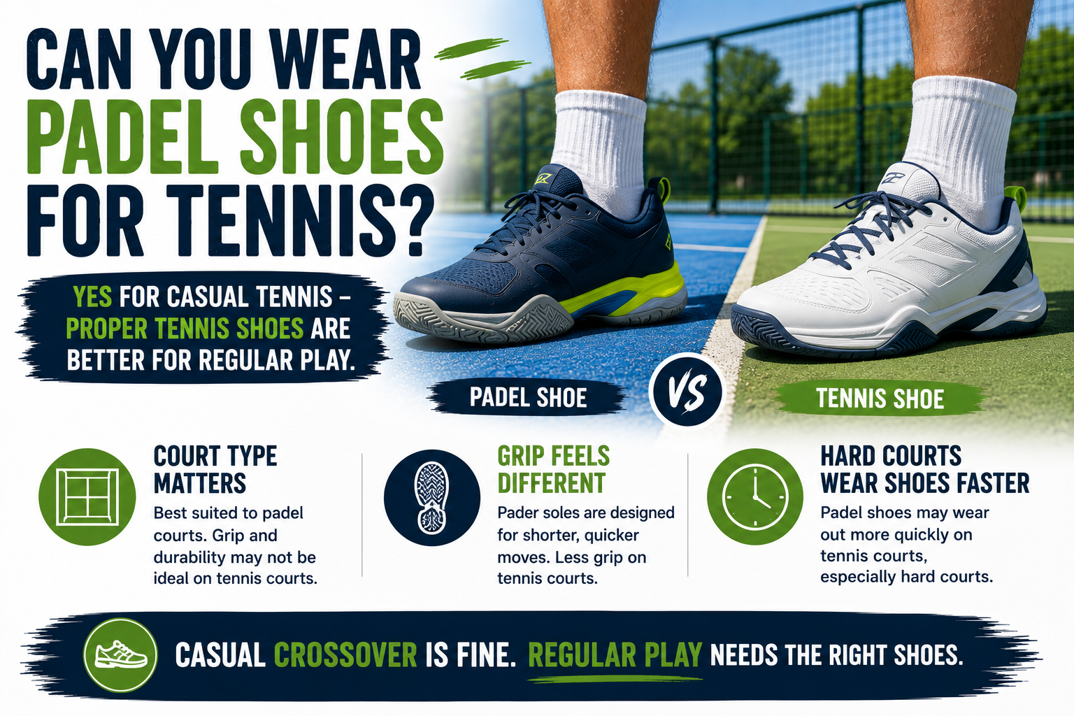 Padel shoe and tennis shoe comparison on court, explaining that padel shoes are fine for casual tennis but proper tennis shoes are better for regular play.