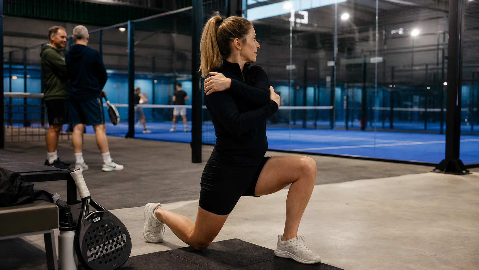 Recreational padel player warming up beside an indoor court before a doubles match