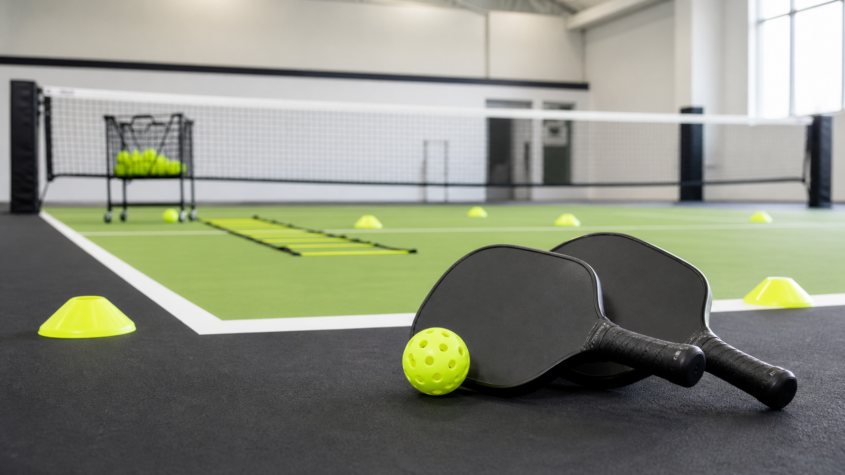 Beginner pickleball practice setup with paddles, ball and training cones