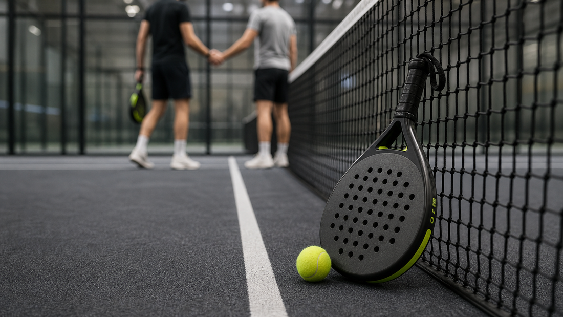 Padel racket and ball beside the net with players shaking hands in the background