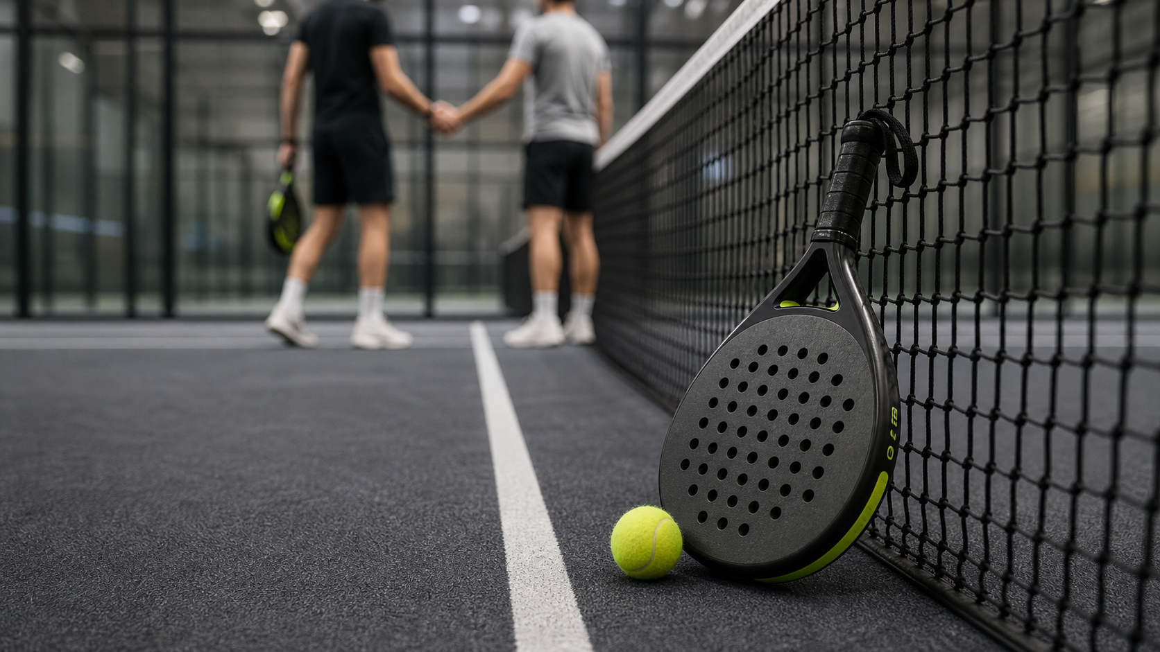 Padel racket and ball beside the net with players shaking hands in the background