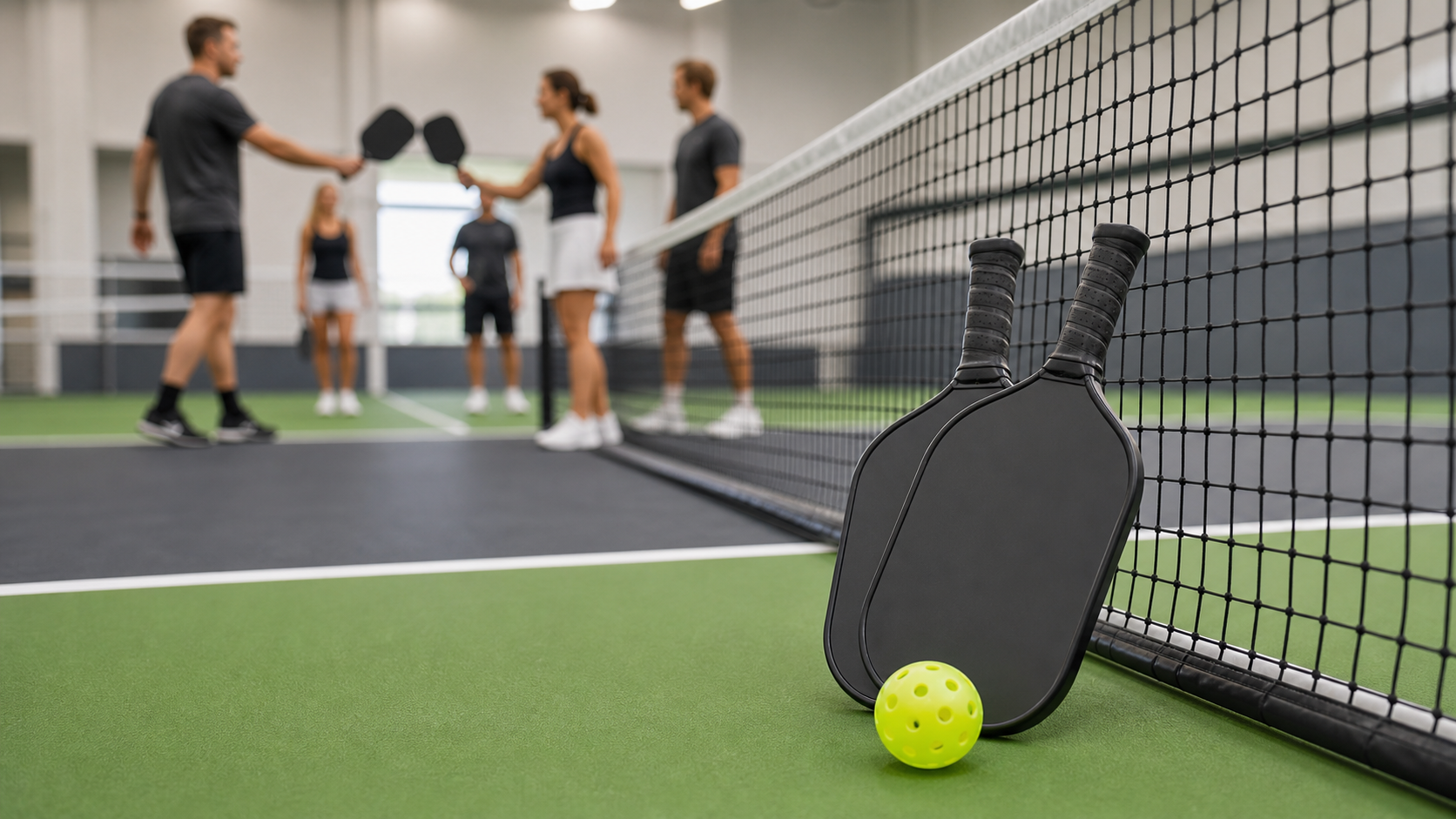 Pickleball paddles and ball beside the net during a friendly doubles game
