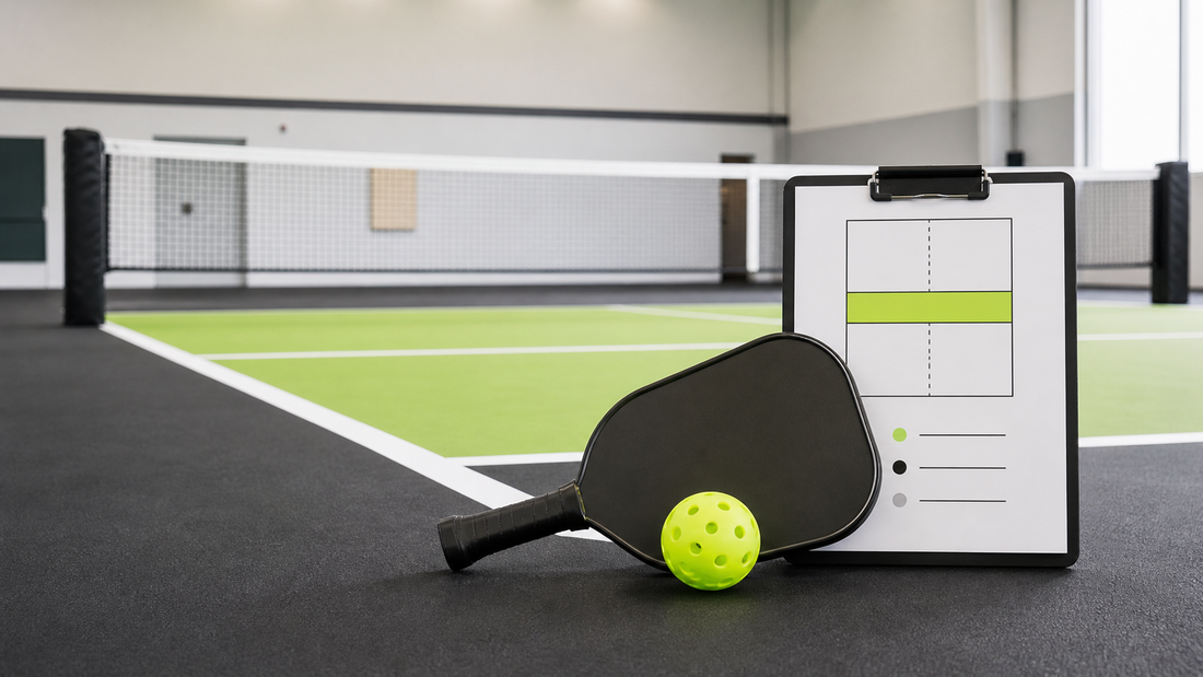 Pickleball paddle, ball and court diagram for a beginner rules guide
