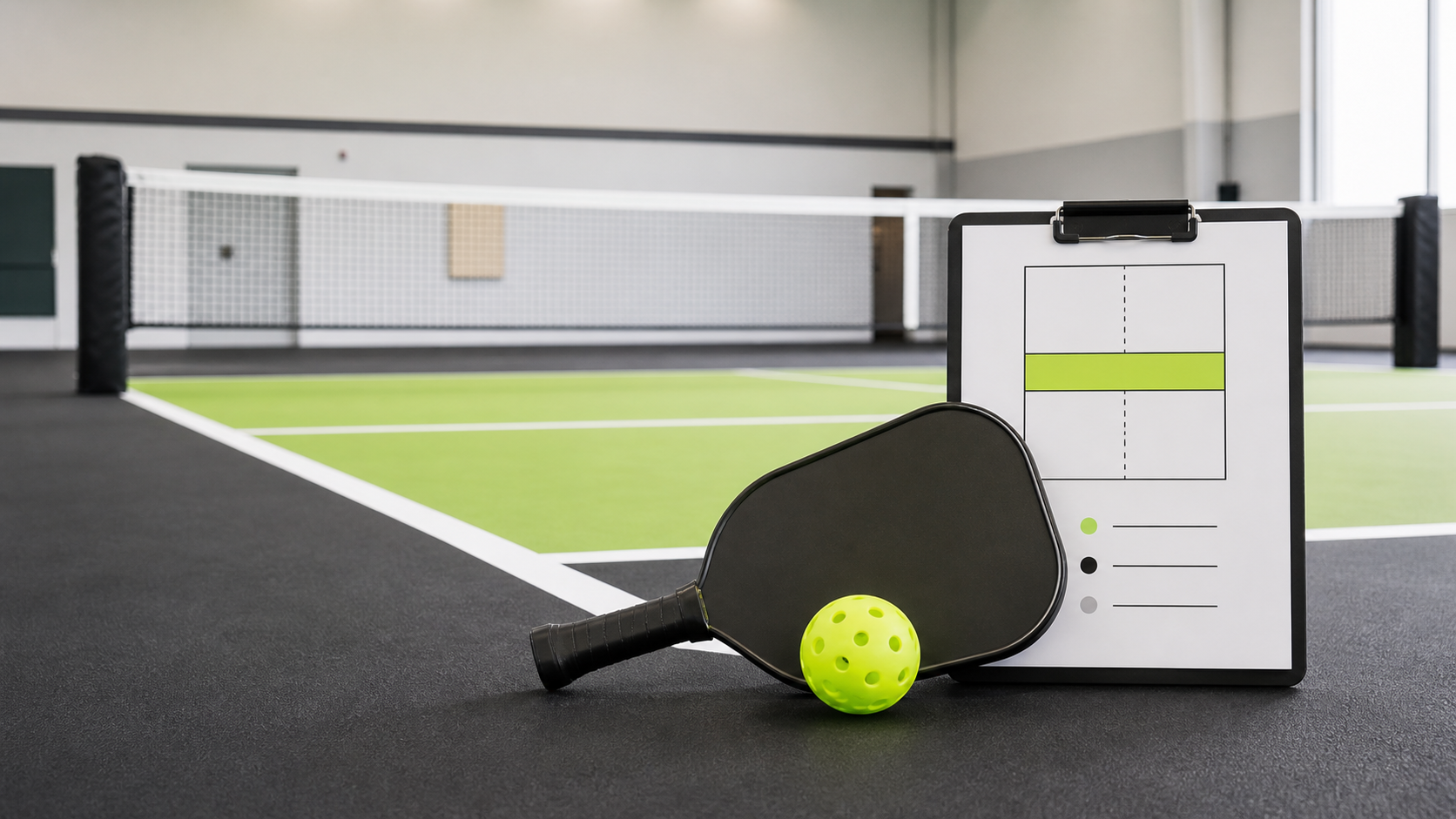 Pickleball paddle, ball and court diagram for a beginner rules guide