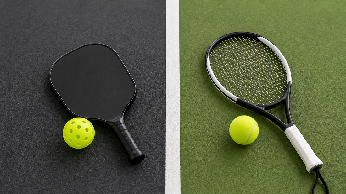 Pickleball paddle and ball beside a stringed paddle tennis racket and felt ball