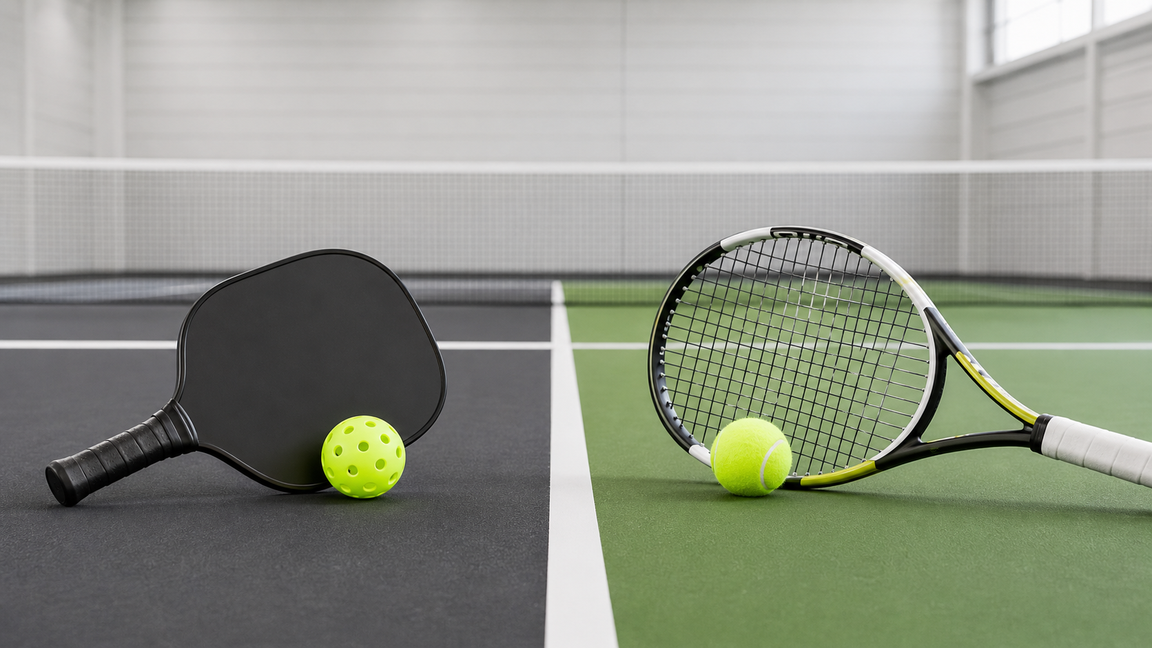 Pickleball paddle and ball beside a tennis racket and tennis ball on court
