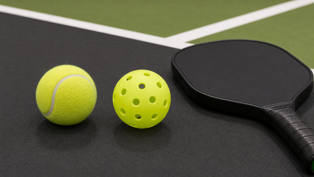 Tennis ball and perforated pickleball shown side by side with a pickleball paddle