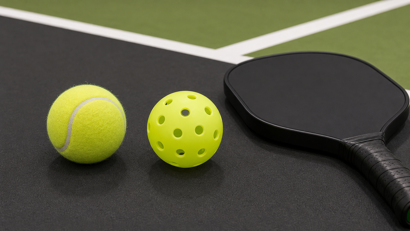 Tennis ball and perforated pickleball shown side by side with a pickleball paddle