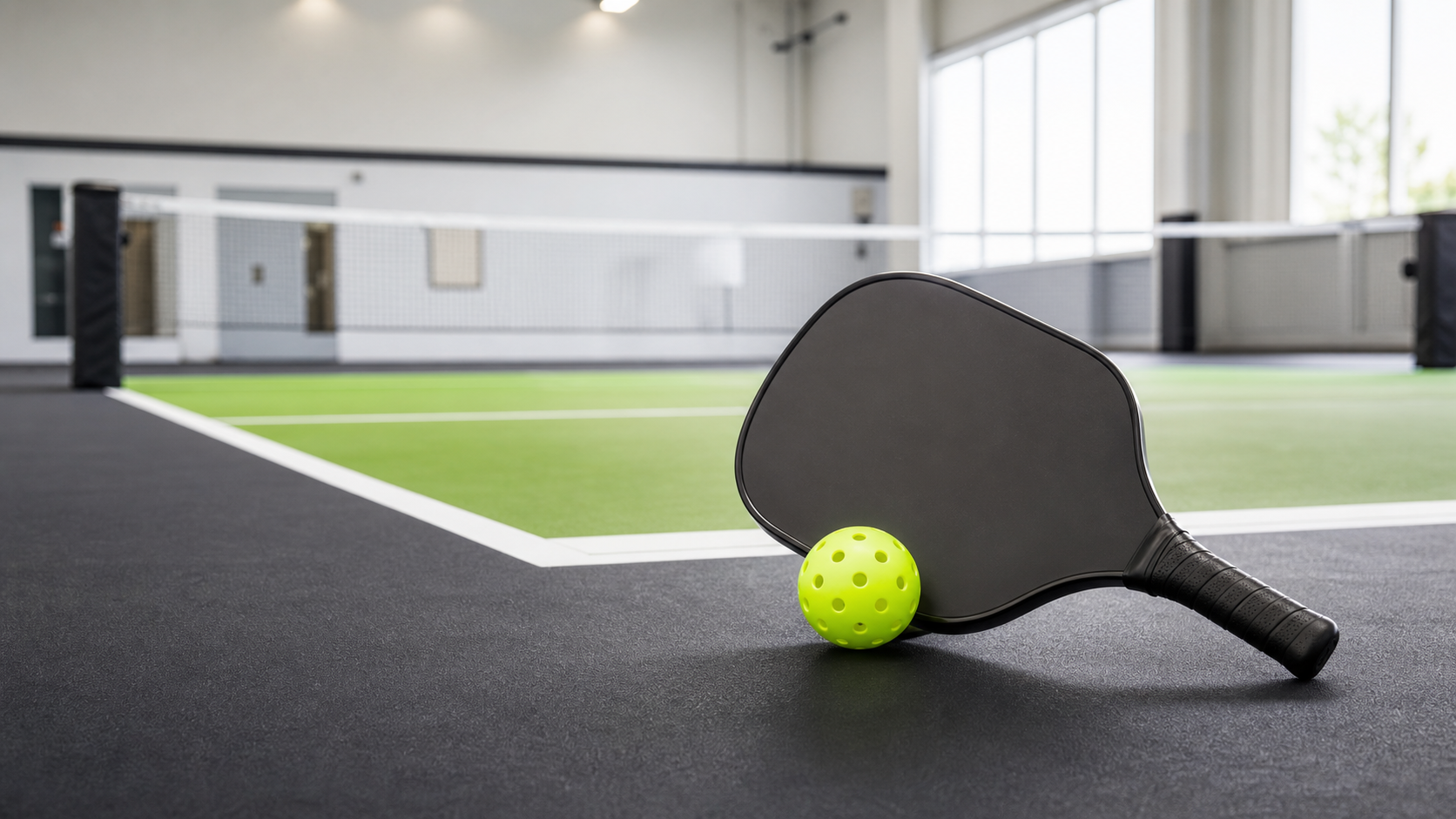 Pickleball paddle and ball on an indoor court for a UK beginner guide