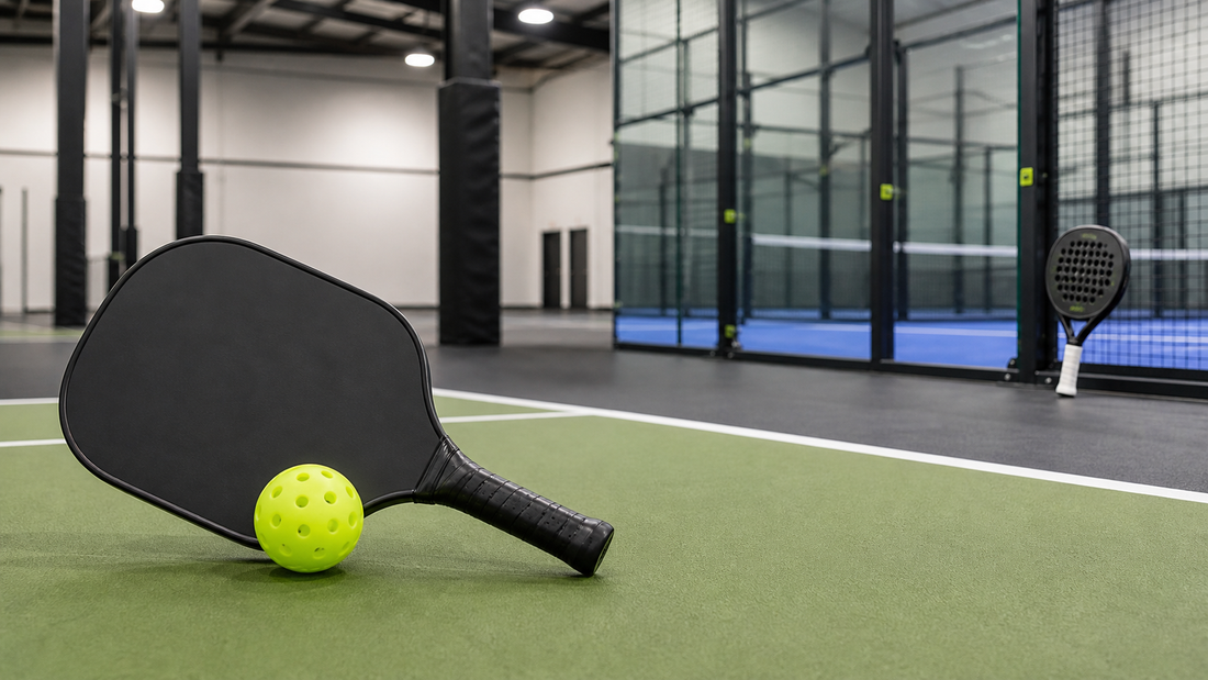Pickleball paddle and ball with padel court in the background for a court-sports trend article