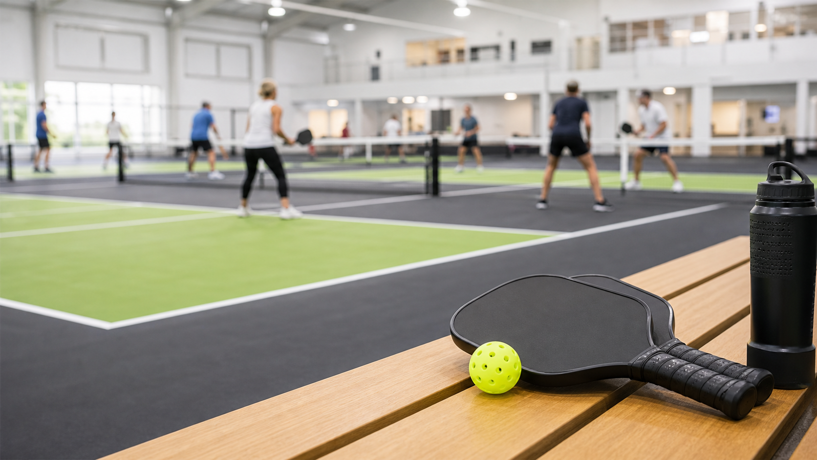 Community pickleball courts with paddles and ball on a bench