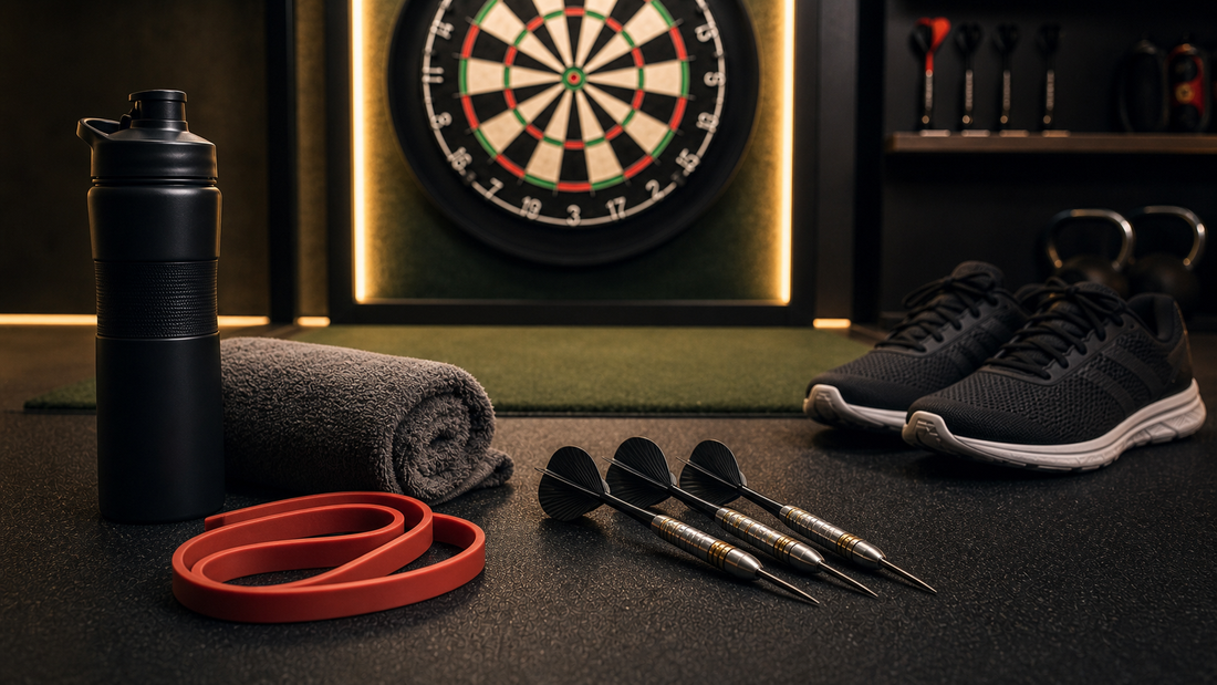 Darts players need to be fit featured image with darts and fitness gear