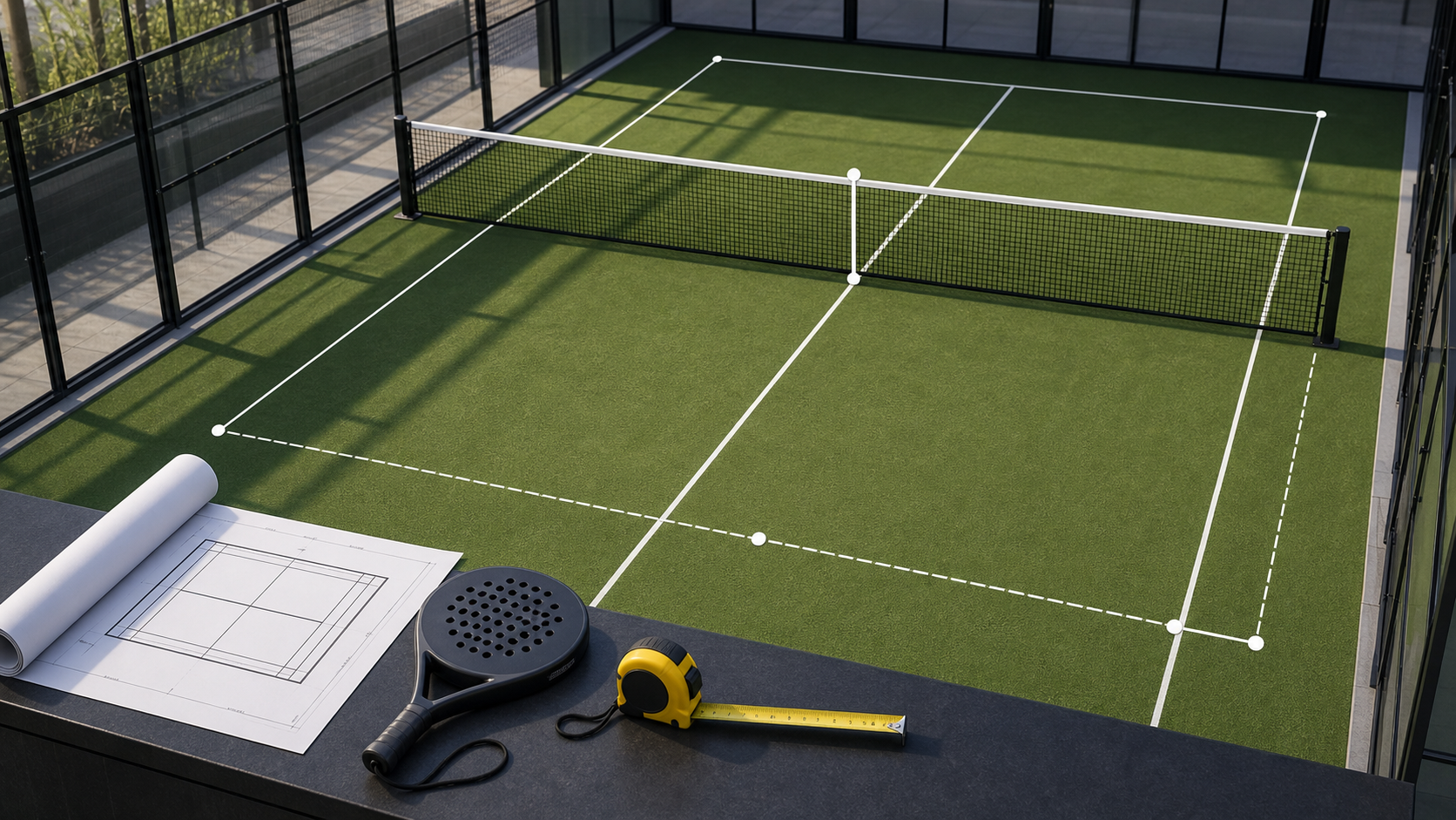 Padel court dimensions featured image with court layout and measuring tools