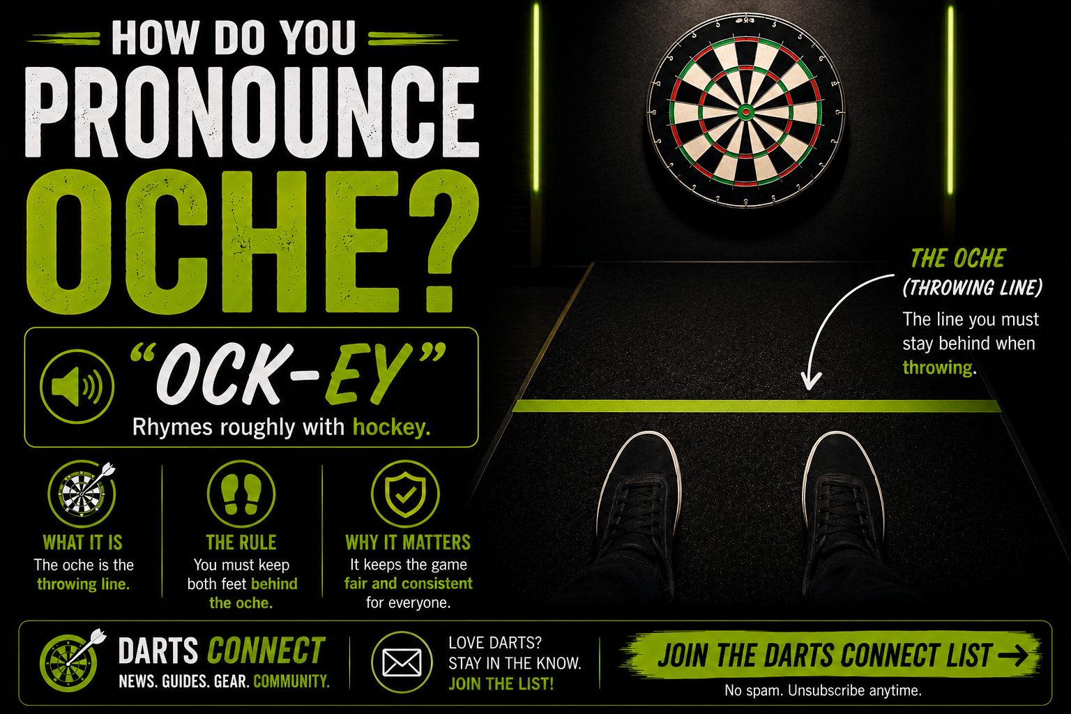 How do you pronounce oche showing ock-ey pronunciation and the darts throwing line