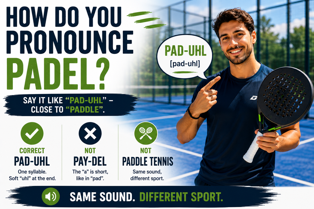 Padel player on court with text explaining that padel is pronounced pad-uhl, not pay-del, and is not paddle tennis.