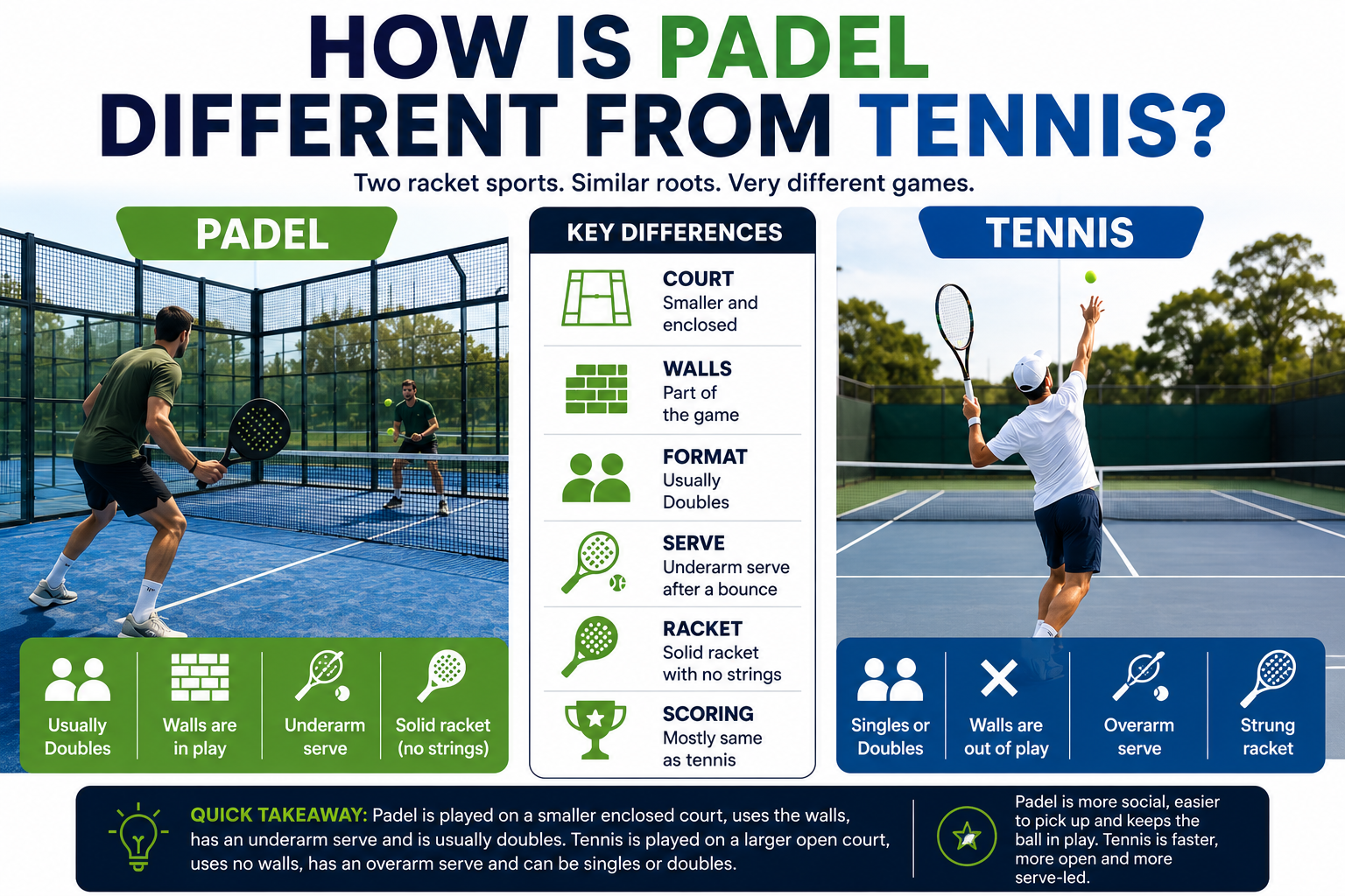 Infographic comparing padel and tennis, showing the differences in court, walls, serve, rackets, format and scoring.