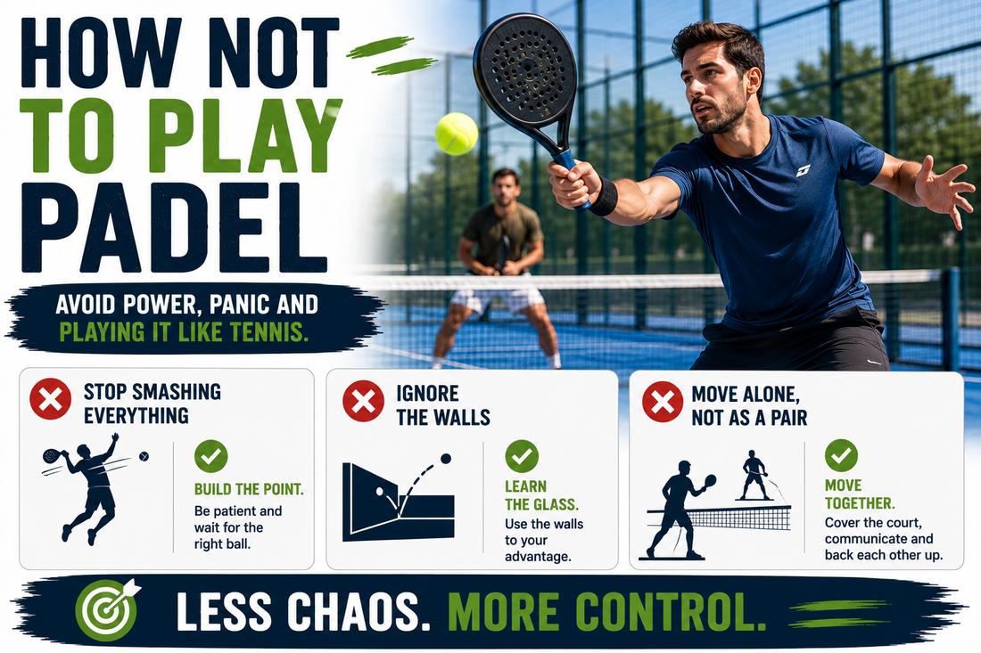 Padel player on court with text showing common beginner mistakes, including smashing everything, ignoring the walls and not moving as a pair.