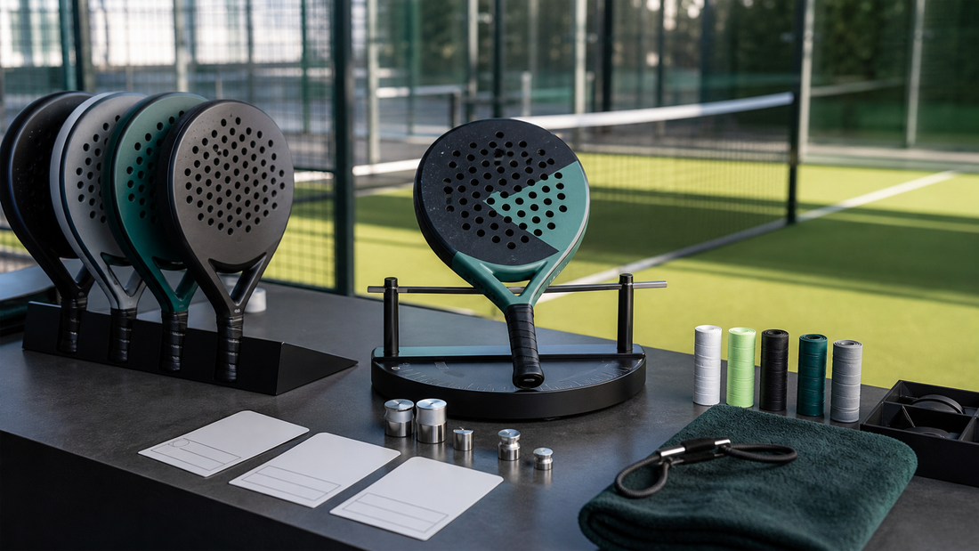 How to choose a padel racket featured image with balance stand and fitting tools