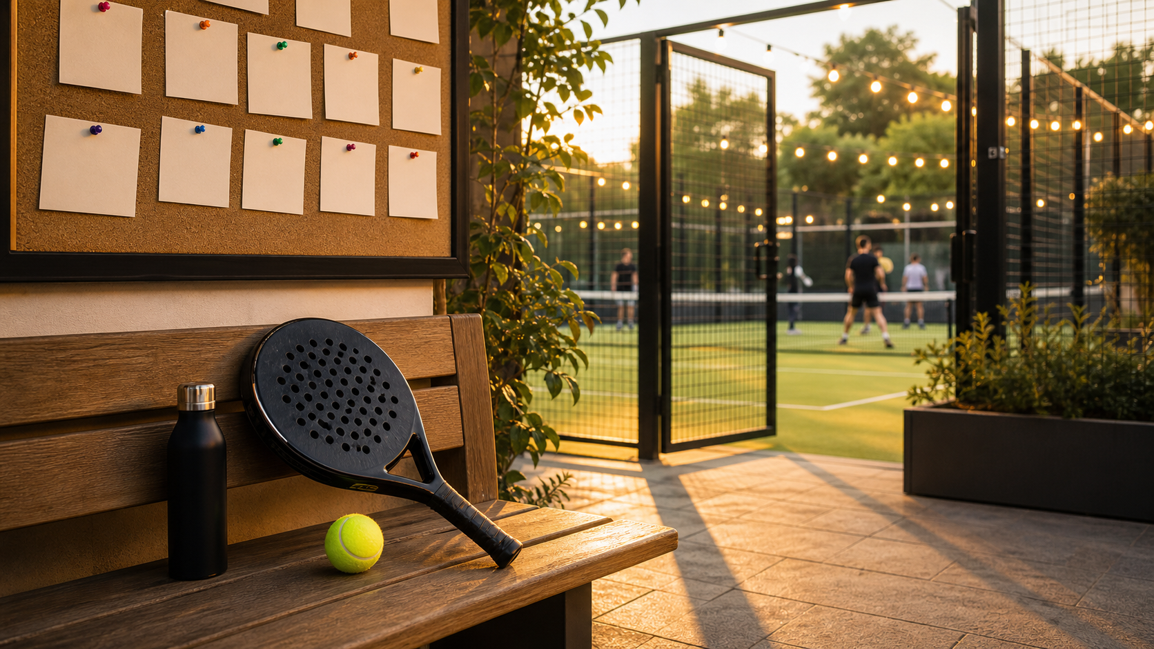 How to start playing padel without a partner featured image with open court gate and bench