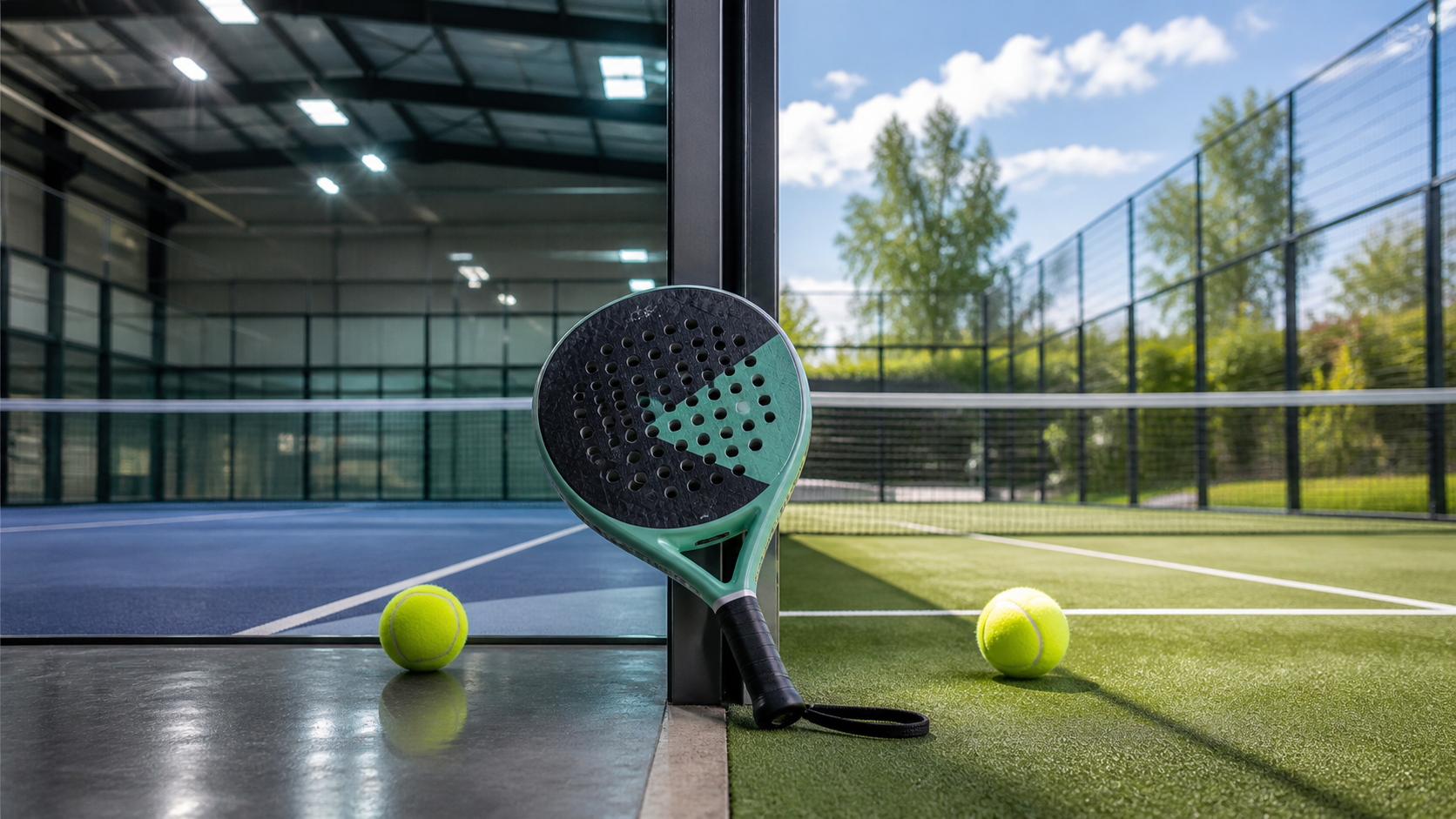 Indoor versus outdoor padel courts featured image with split court environments