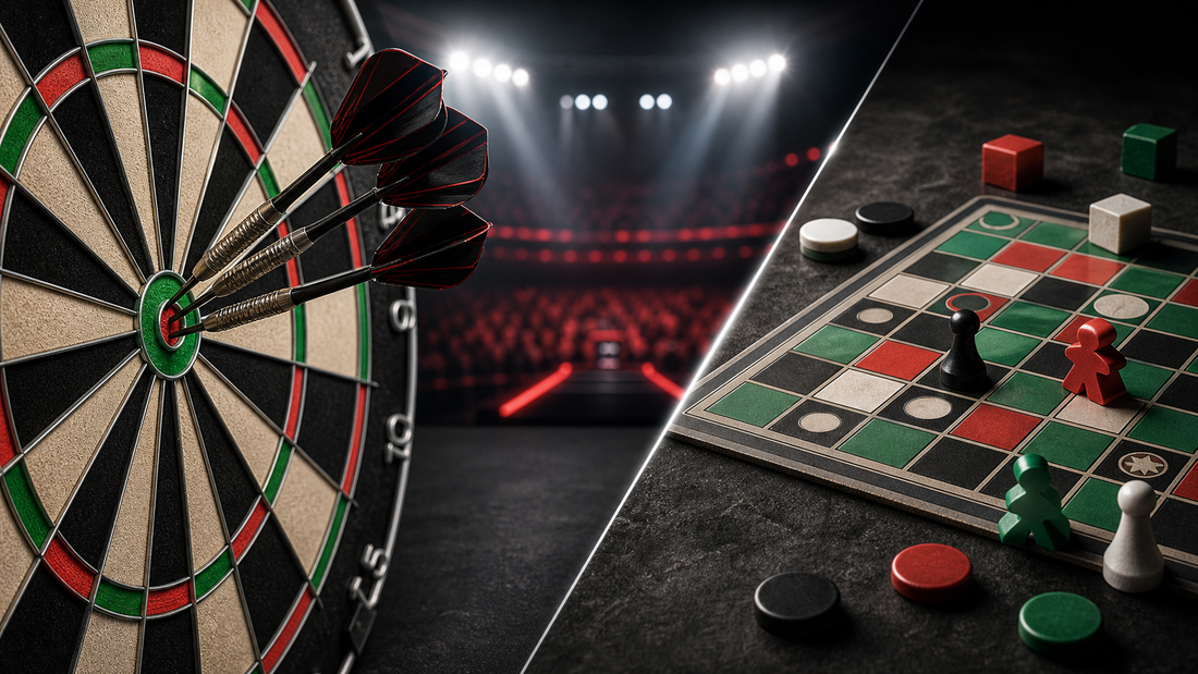 Is darts a sport or board game featured image with dartboard and board game contrast