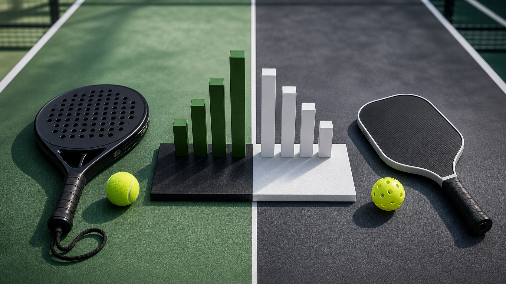 Padel and pickleball comparison featured image with rackets and abstract bars