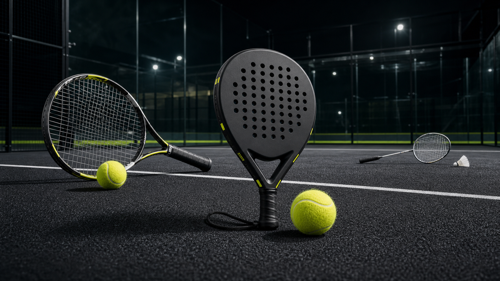 Padel racket and ball beside tennis and badminton equipment on an enclosed padel court