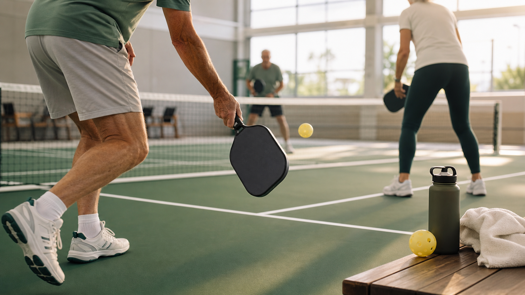 Pickleball exercise for older adults featured image with indoor court movement