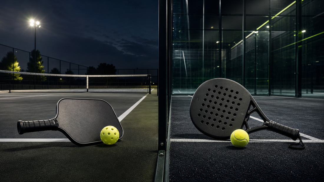 Pickleball paddle and plastic ball beside a padel racket and felt ball on their respective courts