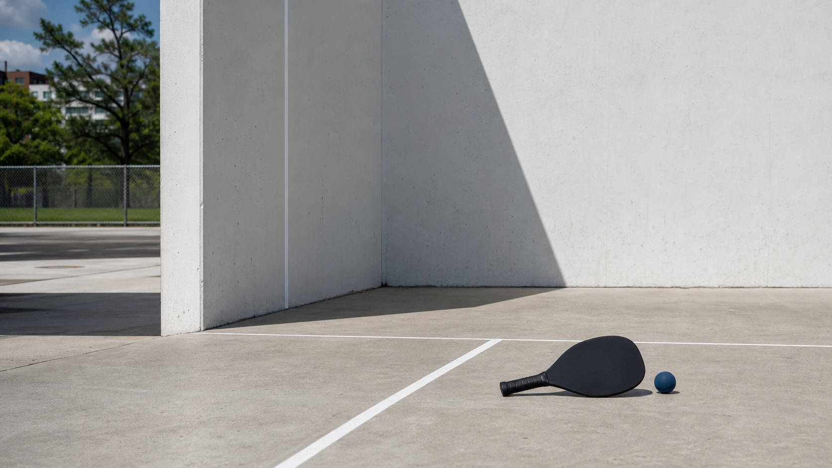 One-wall paddleball court with a paddle and rubber ball