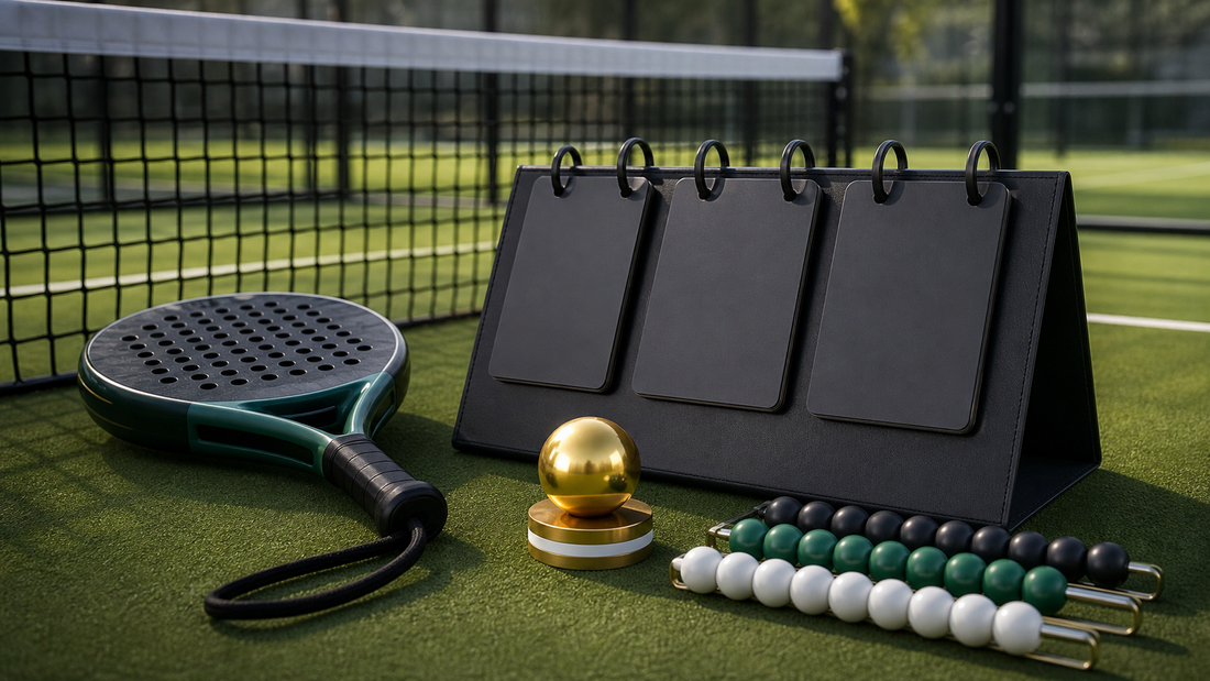 Padel scoring explained featured image with blank scoreboard and golden ball
