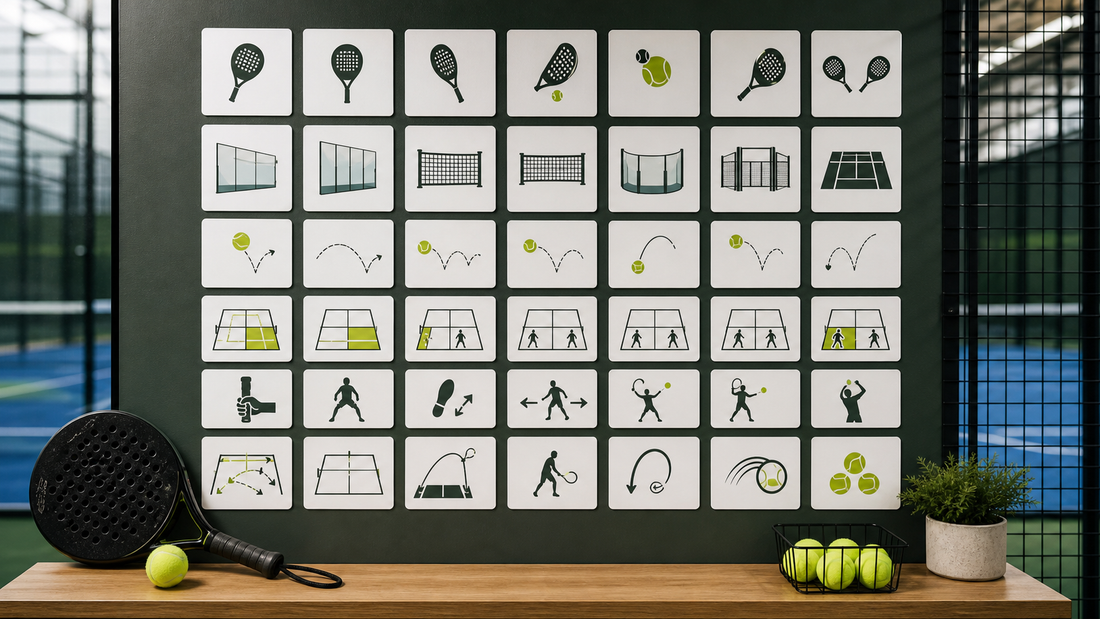 Padel terminology featured image with visual glossary cards and padel kit
