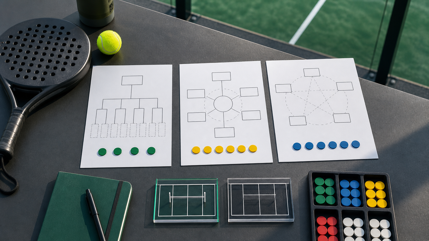Padel tournament formats featured image with blank bracket cards and court markers