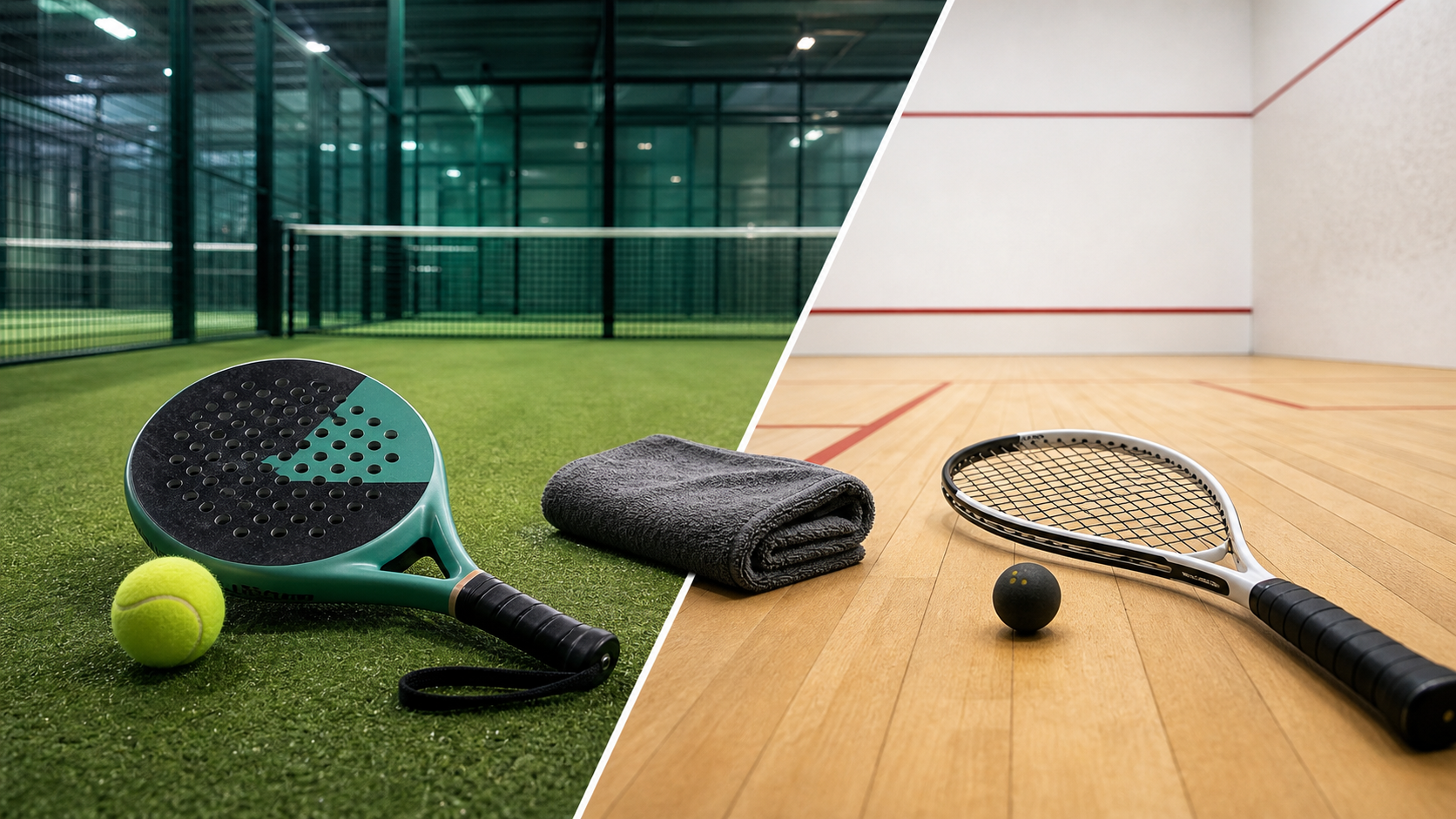 Padel versus squash featured image with split court and racket comparison